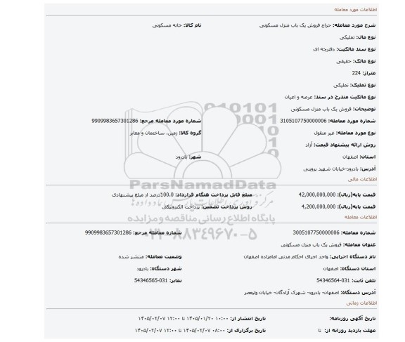 مزایده، فروش یک باب منزل مسکونی