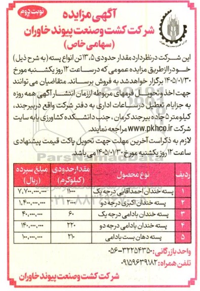 مزایده مقدار حدودی 13/5 تن انواع پسته 
