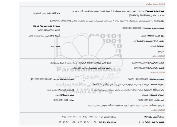 مزایده، 1 – زمین زراعی دیم معروف به « دووه باتان » بمساحت تقریبی 12 جریب در مختصات مکانی (3929764 و 299345)
