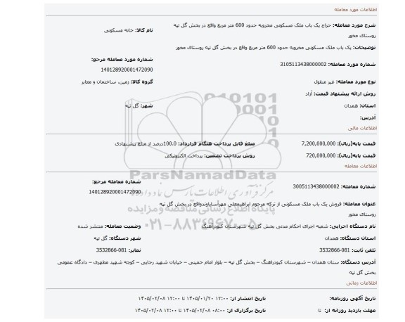 مزایده، یک باب ملک مسکونی مخروبه حدود 600 متر مربع واقع در بخش گل تپه روستای مخور