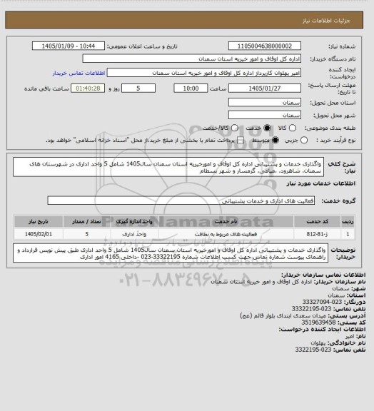 استعلام واگذاری خدمات و پشتیبانی اداره کل اوقاف و امورخیریه استان سمنان سال1405 شامل 5 واحد اداری در شهرستان های سمنان، شاهرود، ،میامی، گرمسار و شهر بسطام