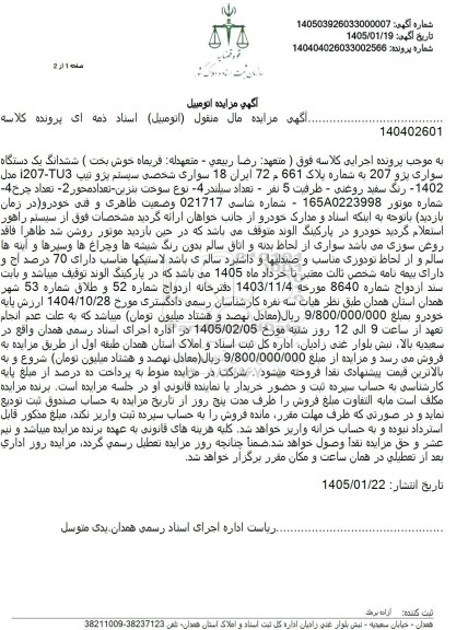 مزایده ششدانگ یک دستگاه سواری پژو 207 