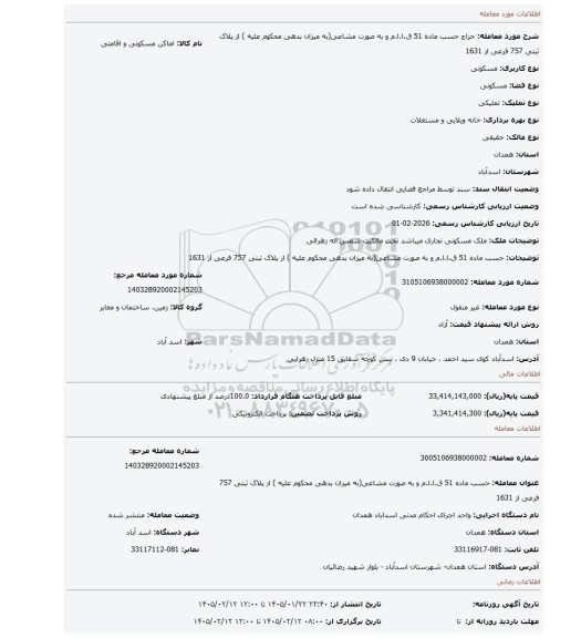 مزایده، حسب ماده 51 ق.ا.ا.م و به صورت مشاعی(به میزان بدهی محکوم علیه ) از پلاک ثبتی 757 فرعی از 1631