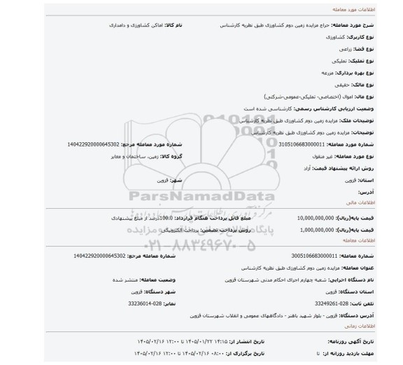 مزایده، مزایده زمین دوم کشاورزی طبق نظریه کارشناس