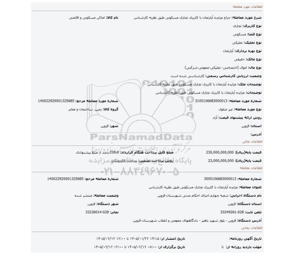 مزایده، مزایده آپارتمان با کاربری تجاری مسکونی طبق نظریه کارشناس