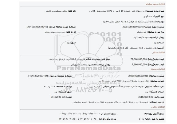 مزایده،  پلاک ثبتی شماره 19 فرعی از 7372 اصلی بخش 04 یزد