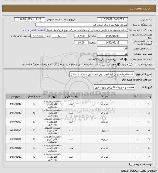 استعلام استعلام پایه بتونی  گرد (روستایی ذیحسابی - پرداخت نقدی)