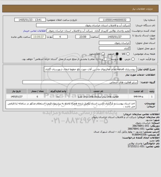 استعلام برونسپاری 6ماهه   انجام فعالیتهای ماشین آلات جهت رفع خطوط انتقال شهرستان گناباد
