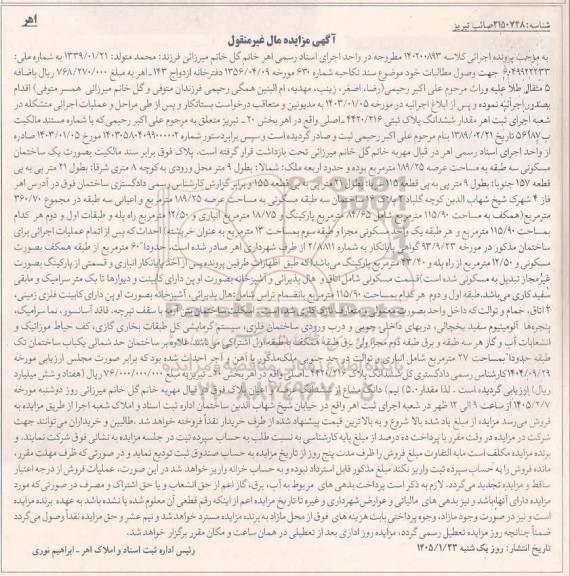 مزایده مقدار ششدانگ پلاک ثبتی 4420.216 