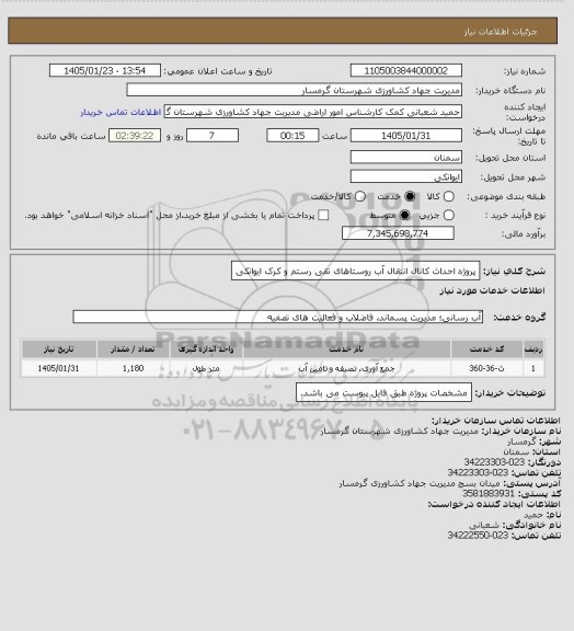 استعلام پروژه احداث کانال انتقال آب روستاهای تقی رستم و کرک ایوانکی