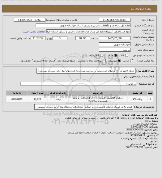 استعلام تعداد 5 نفر نیروی خدمات تاسیسات بر اساس مستندات استعلام بها (برابر لیبست پیوستی)