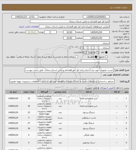 استعلام لیست تجهیزات مورد نیاز تاسیات اداره کل امور اقتصادی ودارایی استان سمنان -طبق لیست پیوست