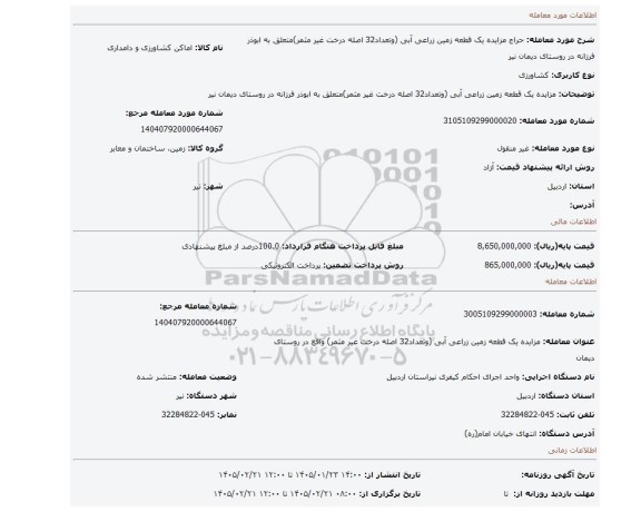 مزایده، مزایده یک قطعه زمین زراعی آبی (وتعداد32 اصله درخت غیر مثمر)متعلق به ابوذر فرزانه در روستای دیمان نیر