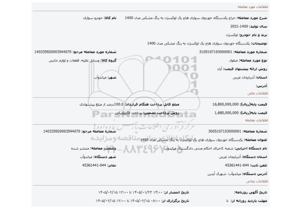 مزایده، یکدستگاه خوردوی سواری هاج بک لوکسژن به رنگ مشکی مدل 1400