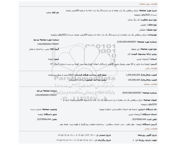 مزایده، حراج سرقفلی یک باب مغازه از جز ششدانگ یک باب خانه به شماره 39فرعی مجزی شده از 3032واقع درارومیه