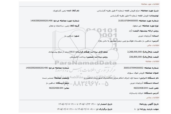 مزایده، فروش قطعه شماره 4 طبق نظریه کارشناس