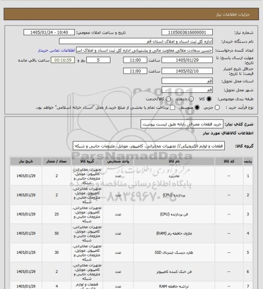 استعلام خرید قطعات مصرفی رایانه طبق لیست پیوست