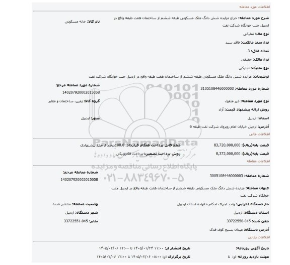 مزایده، مزایده شش دانگ ملک مسکونی طبقه ششم از ساختمان هفت طبقه واقع در اردبیل جنب خوابگاه شرکت نفت