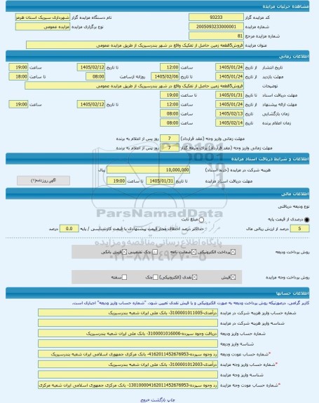مزایده ، فروش5قطعه زمین حاصل از تفکیک واقع در شهر بندرسیریک از طریق مزایده عمومی -مزایده زمین  - استان هرمزگان
