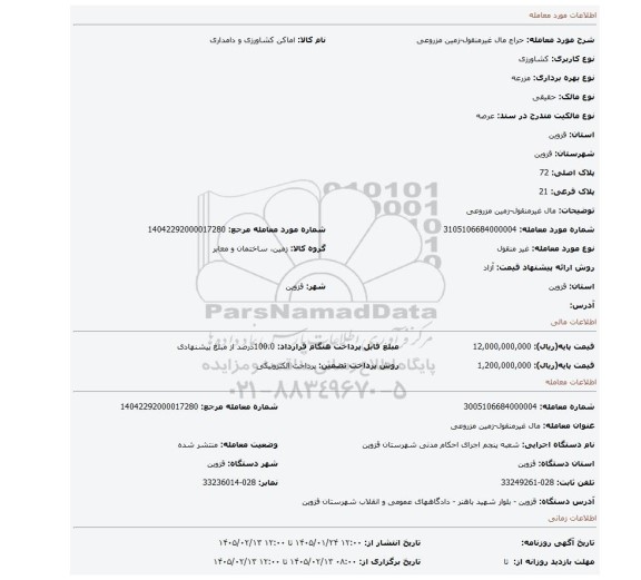 مزایده، مال غیرمنقول-زمین مزروعی