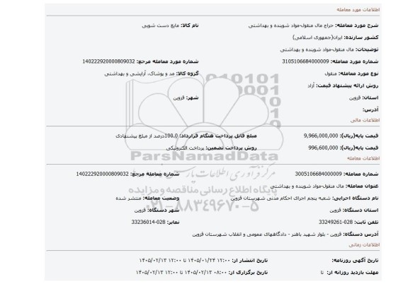 مزایده، مال منقول-مواد شوینده و بهداشتی