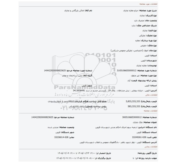 مزایده، مغازه تجاری