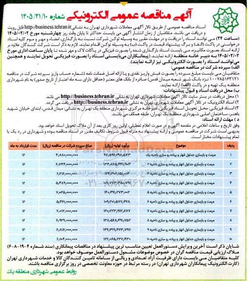 مناقصه مرمت و بازسازی جداول انهار و پیاده رو سازی ناحیه یک...