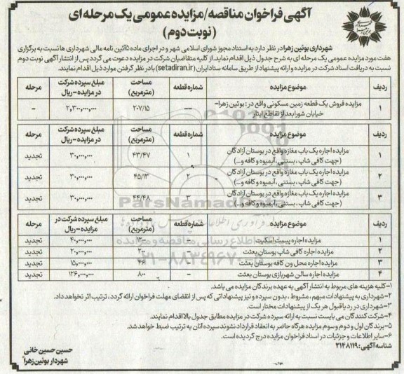 مزایده فروش یک قطعه زمین مسکونی ... نوبت دوم 