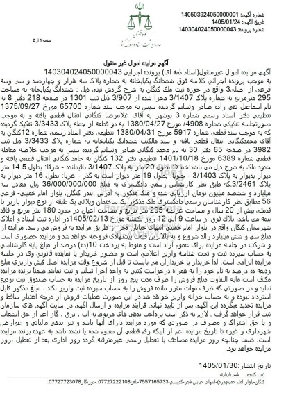 مزایده ششدانگ یکبابخانه به شماره پلاک سه هزار و چهار صد و سی وسه فرعی 