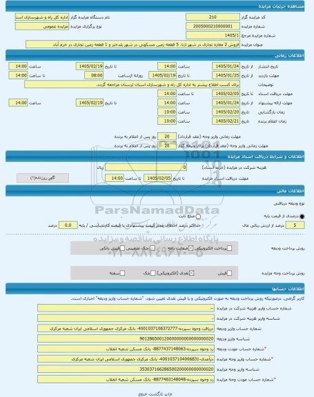 مزایده ، فروش 2 مغازه تجاری در شهر ازنا، 5 قطعه زمین مسکونی در شهر پلدختر و 1 قطعه زمین تجاری در خرم آباد -مزایده زمین  - استان