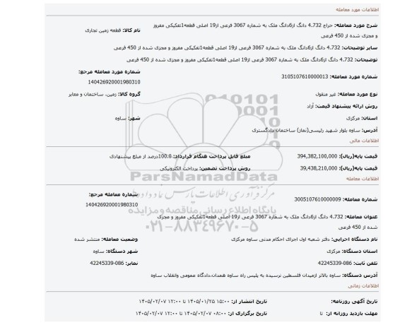 مزایده، 4.732 دانگ از6دانگ ملک به شماره 3067 فرعی از19 اصلی قطعه1تفکیکی مفروز و مجزی شده از 450 فرعی