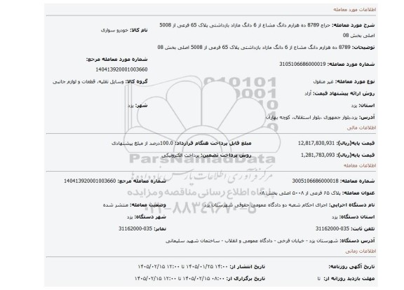 مزایده، 8789 ده هزارم دانگ مشاع از 6 دانگ مازاد بازداشتی  پلاک 65 فرعی از 5008 اصلی بخش 08