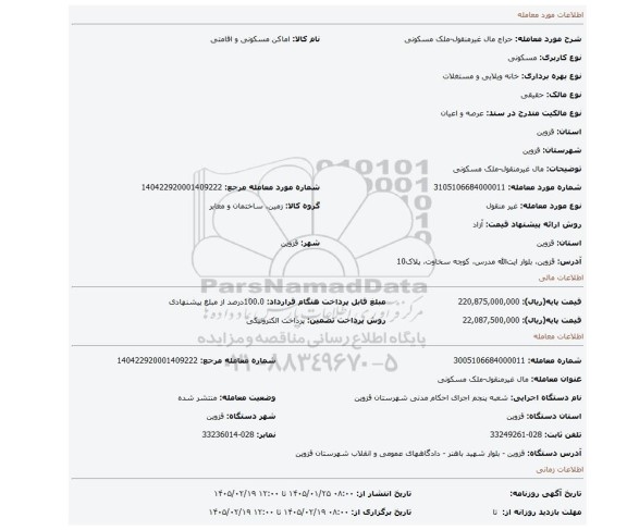 مزایده، مال غیرمنقول-ملک مسکونی