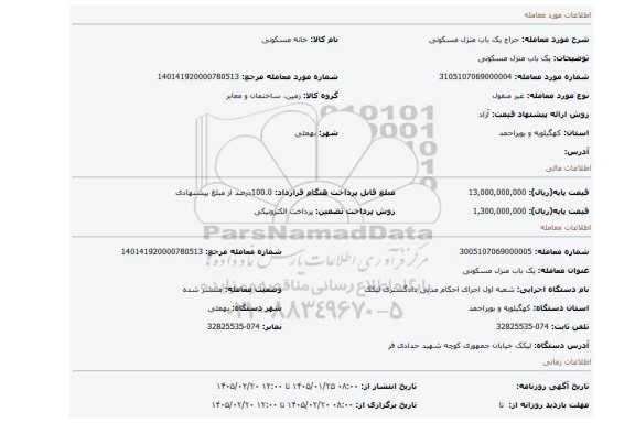 مزایده، یک باب منزل مسکونی