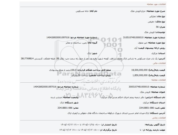 مزایده، فروش ملک