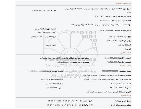 مزایده، سهم الارث وراث مرحوم محمد  خلیلی از سه قطعه کشاورزی زیر نهر برآفتاب
