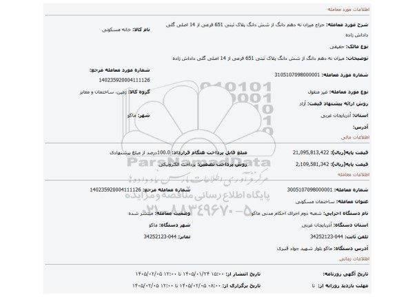 مزایده، میزان نه دهم دانگ از شش دانگ پلاک ثبتی 651 فرعی از 14 اصلی گلی داداش زاده
