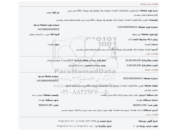 مزایده، فروش ملک(مغازه ) همدان چهارراه بابک بلوارموسوی روبروی جایگاه پمپ بنزین فروغ مجتمع صنعتی بهشتی