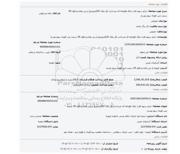 مزایده، حراج سهم الارث ملک قولنامه ای مساحت کل ملک 220مترمربع خ بنی هاشم-کوی 39 سمت چپ کوچه سوم نوساز