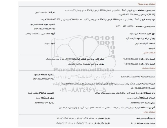 مزایده، فروش 6دانگ پلاک ثبتی شماره 1999 فرعی از 2343 اصلی بخش 15بمساحت (59.68)متربه ارزش 45.000.000.000 ریال