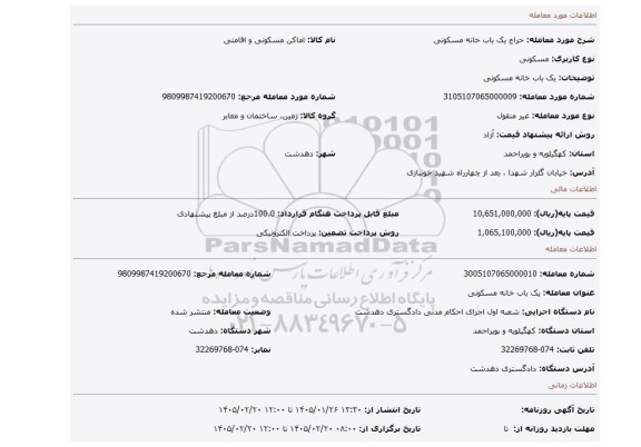 مزایده، یک باب خانه مسکونی