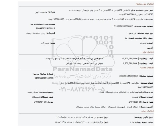 مزایده، لاک ثبتی 879فرعی از 306فرعی از 5 اصلی واقع در بخش دو به مساحت 238/80متر به ارزش 1350000000تومان
