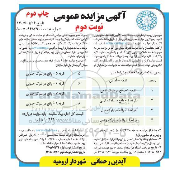 مزایده اجاره 8 باب از غرفه های مجتمع پردیس - نوبت دوم - چاپ دوم 