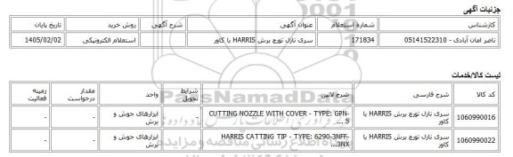 استعلام الکترونیکی، سری نازل تورچ برش HARRIS با کاور