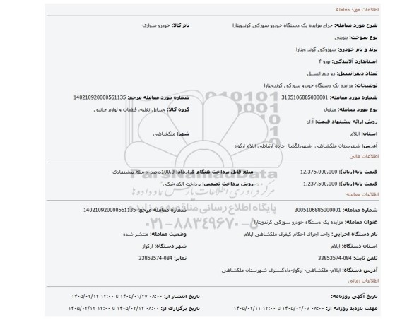 مزایده، مزایده یک دستگاه خودرو سوزکی کرندویتارا