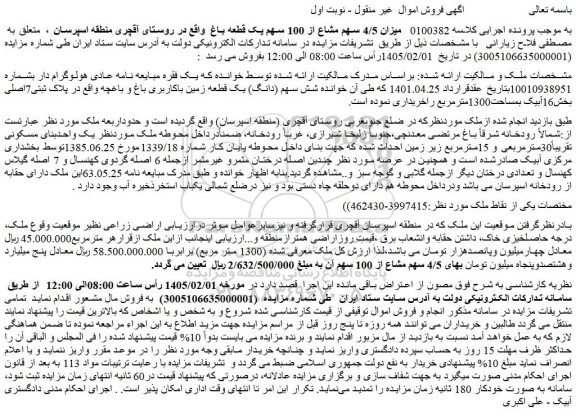 مزایده میزان 4/5 سهم مشاع از 100 سهم یک قطعه باغ