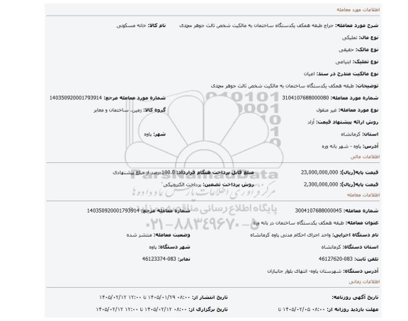 مزایده،  طبقه همکف یکدستگاه ساختمان  به مالکیت شخص ثالث جوهر محمدی