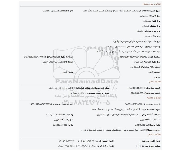 مزایده، مزایده 25صدم دانگ مشاع از یکدانگ مشاع از سه دانگ ملک