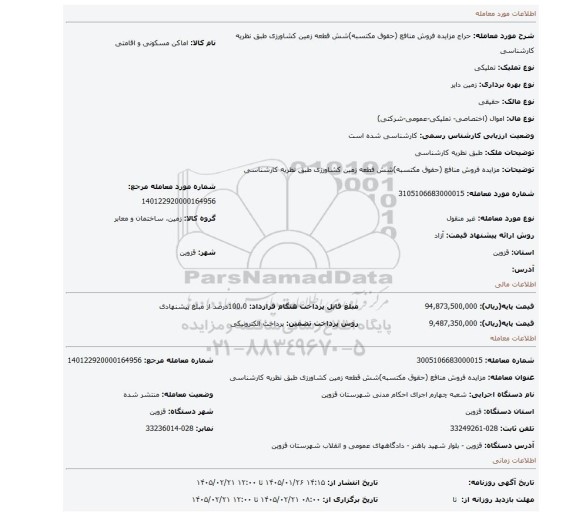 مزایده، مزایده فروش منافع (حقوق مکتسبه)شش قطعه زمین کشاورزی طبق نظریه کارشناسی
