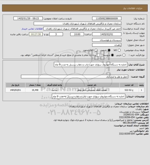 استعلام اجاره نه دستگاه خودروی سواری جهت ایاب و ذهاب پرسنل به مدت 9 ماه